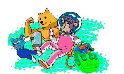 MemeMeet characters gathered in a colorful illustrated internet-culture scene